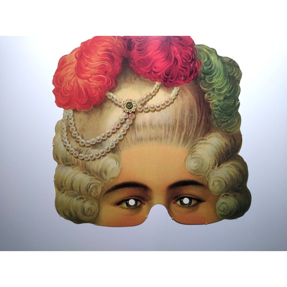 Paper Marie Antoinette Theater Style Mask Wig Feathers Pearls Costume Halloween
